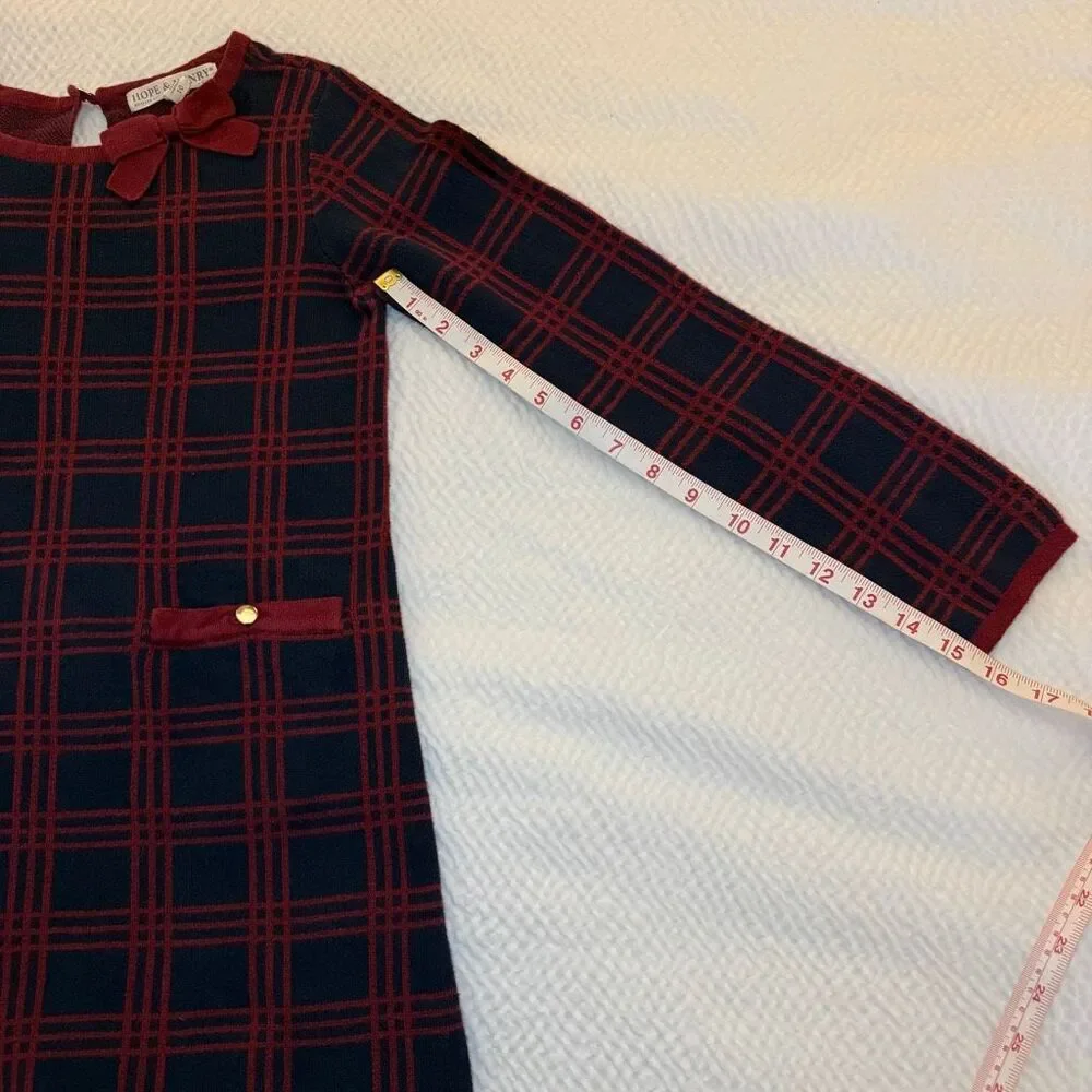 Hope & Henry | Windowpane Sweater Dress Navy Red Bow | Girls 10